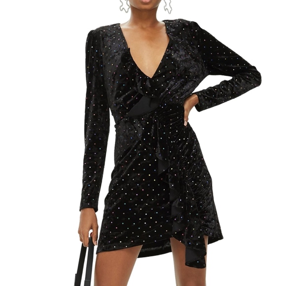 Topshop Dresses & Skirts - TOPSHOP Stud BLACK VELVET Frill KEYHOLE BACK Cocktail Mini DRESS US 8